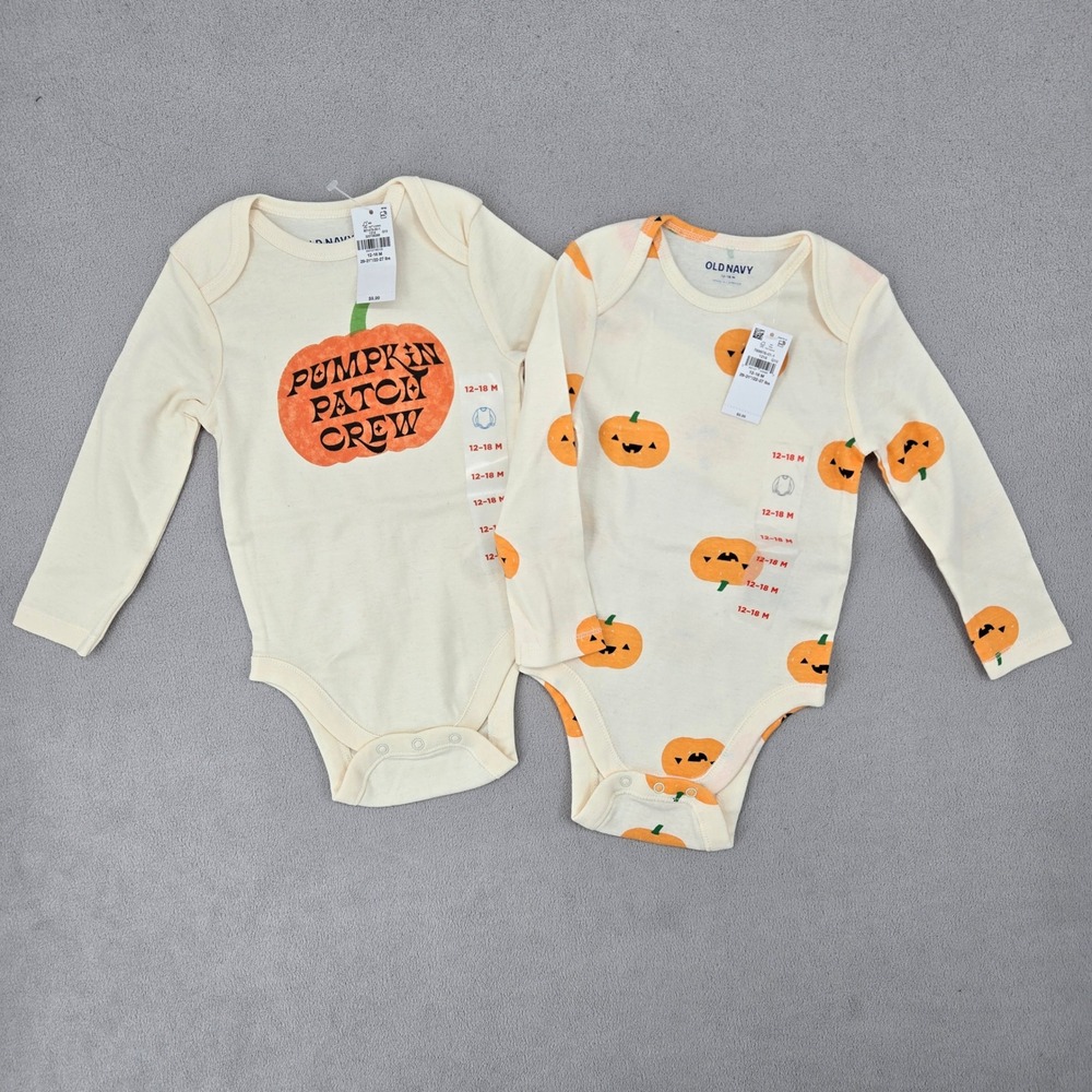 Old Navy NWT 12-18M Pumpkin Bodysuit Set Baby Fall Halloween Graphic 2PK